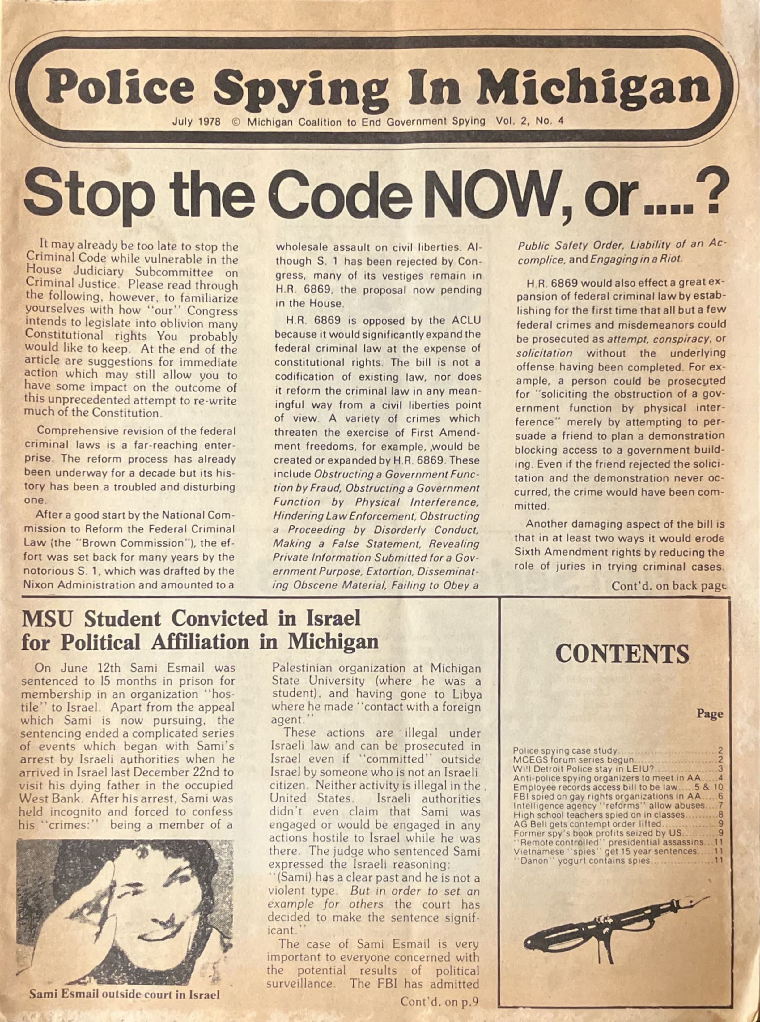 Front page of Police Spying In Michigan Volume 2 number 4, July 1978